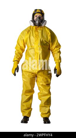 Front view of a person clad in a full yellow hazmat suit with safety goggles and mask Stock Photo