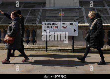 London, UK. 06th Mar, 2024. The Parliament Street, Whitehall street sign on Budget Day, Westminster, London, on 6th March, 2024. Credit: Paul Marriott/Alamy Live News Stock Photo