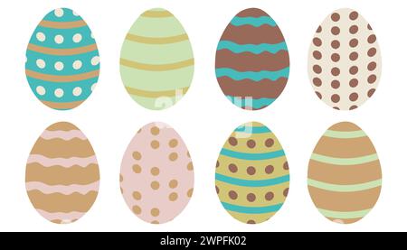 Easter Eggs Set. Vector Flat style Collection Isolated on white background. Cartoon Holiday elements with Stripes and Dots. Hand drawn Design Art for Stock Vector
