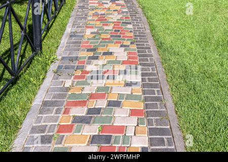Colorful paved road across lush lawn on sunny day. Pathway with bright step stones in summer park. Creative design element of landscaping Stock Photo