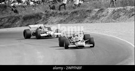 Jochen Rindt in a Lotus-Ford Cosworth, started 3rd finished 3rd and Jacky Ickx in a Brabham-Ford Cosworht , started 1st finished 1st in Moss Corner at the 1969 Mosport Park Canadian F1 Grand Prix in Bowmansville Canada Stock Photo