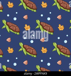 Summer seamless pattern with undersea animal turtle. Cartoon style. Seashell, coral, seaweed, bubbles. Vector illustration on a blue background. Stock Vector