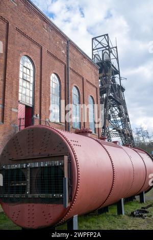 winding gear of coal mining colliery steam boiler and engine shed, Astley Green Lancashire UK Stock Photo