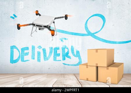 3d rendering of three cardboard boxes and drone with camera flying in air. Stock Photo