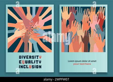 Group hands on top of each other multicultural people. Raised hands in circle. Diversity Equality inclusion. Teamwork community or cooperation concept Stock Vector