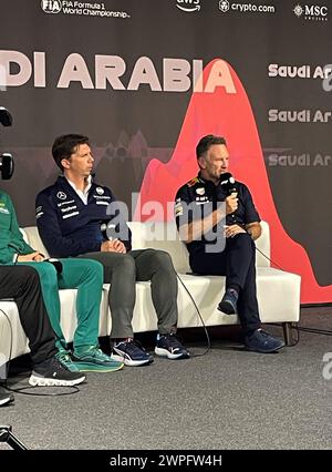 Red Bull Racing team principle Christian Horner speaks to the media during a team briefing on practice day ahead of the Saudi Arabian Grand Prix at the Jeddah Corniche Circuit in Jeddah, Saudia Arabia. Picture date: Thursday March 7, 2024. Stock Photo