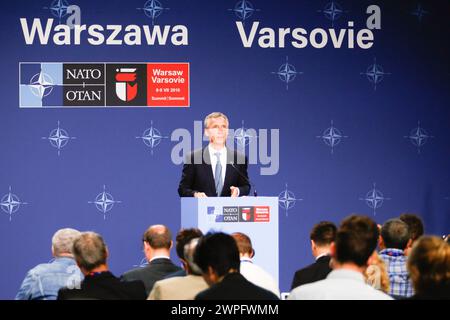 Warsaw, Poland. 8th July, 2016. A statements of NATO Secretary General Jens Stoltenberg in Nationan Stadium in Warsaw Poland during the NATO summit. (Credit Image: © Dominika Zarzycka/SOPA Images via ZUMA Press Wire) EDITORIAL USAGE ONLY! Not for Commercial USAGE! Stock Photo