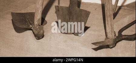 old agricultural tools used long ago by farmers with sepia effect Stock Photo