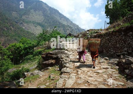 Nepali women carrying baskets in traditional way in Himalayas, Solukhumbu region, Nepal. View from back Stock Photo