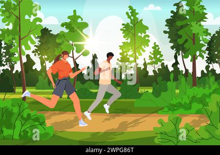 Man and woman is engaged in running around in the park. Morning jogging. Young couple spends time outdoors. Sports activity and healthy lifestyle. Stock Photo