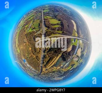 Luftbild, Autobahndreieck Dortmund-Nordwest Mengede, BAB Autobahn A45 und Autobahn A2, Waldgebiet Mengeder Heide, Erdkugel, Fisheye Aufnahme, Fischaugen Aufnahme, 360 Grad Aufnahme, tiny world, little planet, fisheye Bild, Ickern, Castrop-Rauxel, Ruhrgebiet, Nordrhein-Westfalen, Deutschland ACHTUNGxMINDESTHONORARx60xEURO *** Aerial view, freeway junction Dortmund Nordwest Mengede, BAB freeway A45 and freeway A2, forest area Mengeder Heide, earth globe, fisheye image, fisheye image, 360 degree image, tiny world, little planet, fisheye image, Ickern, Castrop Rauxel, Ruhr area, North Rhine-Westph Stock Photo