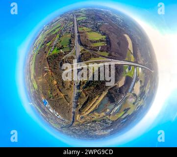 Luftbild, Autobahndreieck Dortmund-Nordwest Mengede, BAB Autobahn A45 und Autobahn A2, Waldgebiet Mengeder Heide, Erdkugel, Fisheye Aufnahme, Fischaugen Aufnahme, 360 Grad Aufnahme, tiny world, little planet, fisheye Bild, Ickern, Castrop-Rauxel, Ruhrgebiet, Nordrhein-Westfalen, Deutschland ACHTUNGxMINDESTHONORARx60xEURO *** Aerial view, freeway junction Dortmund Nordwest Mengede, BAB freeway A45 and freeway A2, forest area Mengeder Heide, earth globe, fisheye image, fisheye image, 360 degree image, tiny world, little planet, fisheye image, Ickern, Castrop Rauxel, Ruhr area, North Rhine-Westph Stock Photo