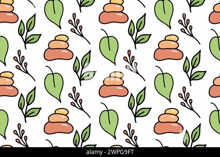 Oriental seamless pattern with tropical leaves, branches and balanced stones. Hand drawn doodles isolated on white background. Colored vector design Stock Vector