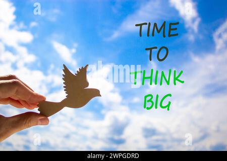 Time to think big symbol. Concept words Time to think big. Beautiful blue sky cloud background. Voter hand with wooden bird. Business and time to thin Stock Photo