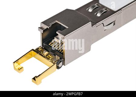 Standardized modular hot-pluggable network interface module. Close-up of metal compact SFP transceiver with plug for a registered jack connector RJ45. Stock Photo