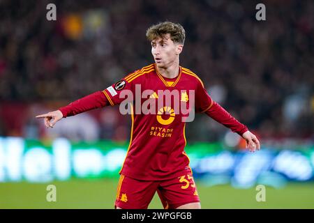 Rome, Italy. 07th Mar, 2024. Tommaso Baldanzi of AS Roma gestures during the UEFA Europa Round of 16 first leg match between AS Roma and Brighton & Hove Albion FC at Stadio Olimpico on March 07, 2024 in Rome, Italy. Credit: Giuseppe Maffia/Alamy Live News Stock Photo