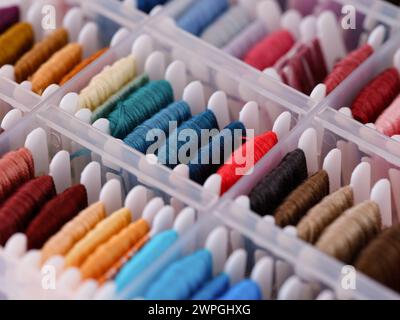 Bobbins with different colour embroidery threads in a plastic sorting box. Close-up Stock Photo