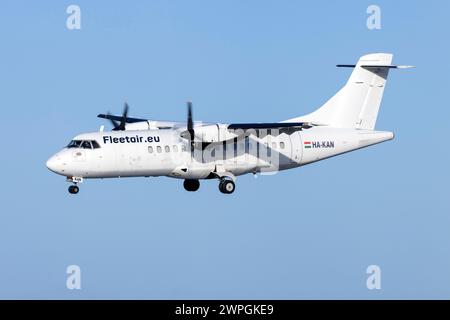 Fleet Air International ATR ATR-42-320(F) (Reg.: HA-KAN) arriving on a cargo flight. Stock Photo