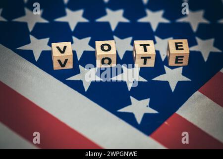 US elections 2024, Vote icon and United States flag, Election campaign and voting in America Stock Photo