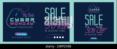 Cyber Monday Sale Special Offer Web Banner. Cyber Monday Neon Style Super Sale Post. Business Promotion and Advertising Seasonal Offers Mega Big Sale Stock Vector