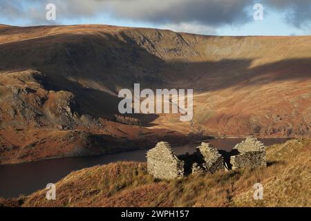 View of Low Raise from a ruined building on the Corpse Road above Haweswater, Cumbria. Stock Photo