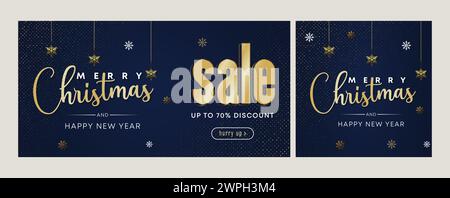 Christmas discount promo offers sale holiday seasonal banner. Modern Xmas banner design. Winter holidays Merry Christmas Happy New Year promotion sale Stock Vector