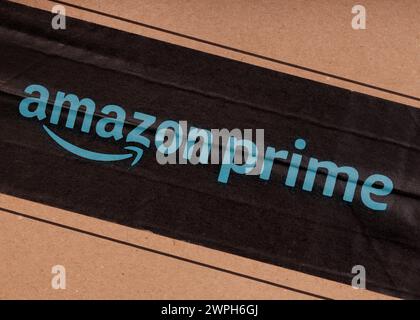 Amazon Prime Logo on Cardboard Stock Photo