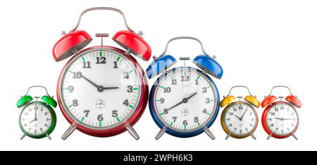 Alarm clocks family, 3D rendering isolated on white background Stock Photo