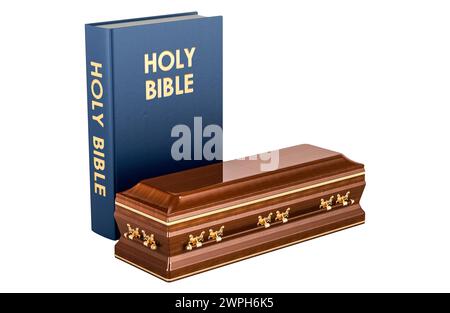 Funeral sermon, concept. Holy bible with casket, 3D rendering isolated on white background Stock Photo