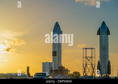 Sunset at Starbase Rocket Garden in Boca Chica Texas Stock Photo