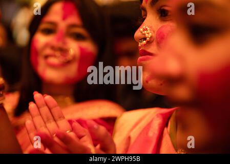 'Sindur Khela' is a cherished tradition among Bengali married women, celebrated on the final day of Durga Puja, known as Bijoya Dashami. Stock Photo