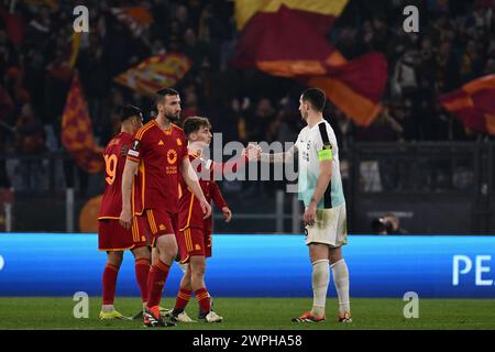 Rome, Italy. 07th Mar, 2024. Tommaso Baldanzi of A.S. Roma and Lewis Dunk of Brighton & Hove Albion F.C. during the UEFA Europa League round of 16 first leg match, between A.S. Roma vs Brighton & Hove Albion F.C. on 7 March 2024 at the Olympic Stadium in Rome, Italy. Credit: Independent Photo Agency/Alamy Live News Stock Photo