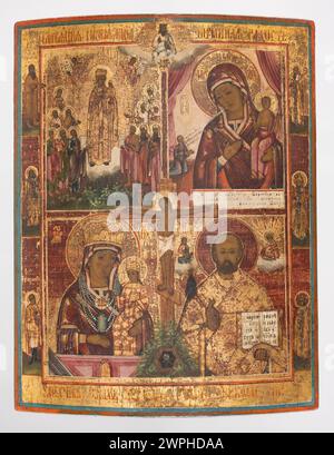 Typical icon: Crucifixion of Christ, three images of the Mother of God: 'Consolation of all distressed', 'Unexpected consolation' and 'crushing bad hearts', Saint. Mikołaj Miracle worker and saints in the fields; unknown workshop of Old Believers; 19th century (1800-00-00-1850-00-00); Stock Photo