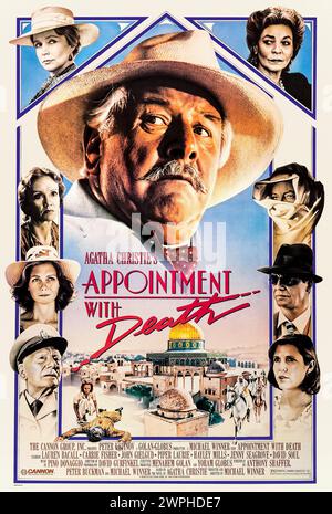 Appointment with Death (1988) directed by Michael Winner and starring Peter Ustinov, Lauren Bacall, Carrie Fisher, John Gielgud, Hayley Mills and Jenny Seagrove. All star cast in an adaptation of Agatha Christie's crime novel about Poirot's holiday in the Middle East and the inevitable murder along the way! Photograph of an original 1988 US one sheet poster. ***EDITORIAL USE ONLY*** Credit: BFA / Cannon Film Distributors Stock Photo