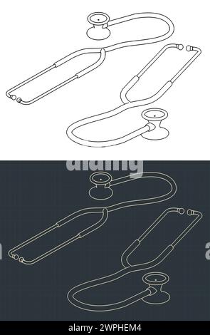 Stylized vector illustrations of blueprints of a stethoscope Stock Vector