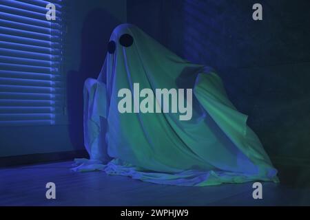 Creepy Ghost. Woman Covered With Sheet In Green Light, Reflection In 