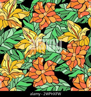 Seamless floral pattern with flowers and leaves in stained glass technique vector illustration Stock Vector