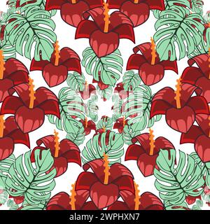 Tropical seamless pattern with monstera leaves and exotic flowers vector illustration Stock Vector
