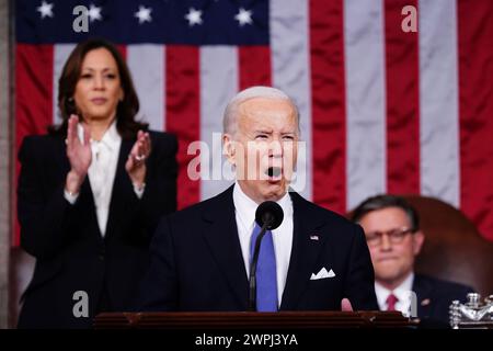 Washington, DC, USA. 07th Mar, 2024. US President Joe Biden delivers his third State of the Union address in the House Chamber of the US Capitol in Washington, DC, USA, 07 March 2024. Credit: Shawn Thew/Pool via CNP/dpa/Alamy Live News Stock Photo