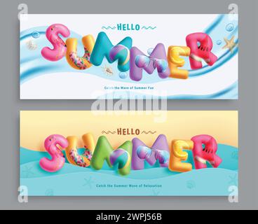 Summer 3d text vector set. Summer greeting in colorful typography, font, title and letters for tropical season promotion advertisement flyers Stock Vector