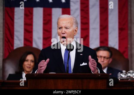 US President Joe Biden delivers his third State of the Union address in the House Chamber of the US Capitol in Washington, DC, USA. 07th Mar, 2024. (Photo by Pool/Sipa USA) Credit: Sipa USA/Alamy Live News Stock Photo