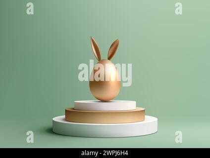 Showcase product festive Easter scene. Featuring a golden Easter egg with bunny ears on a modern podium, 3D mockup is perfect for marketing and sales. Stock Vector