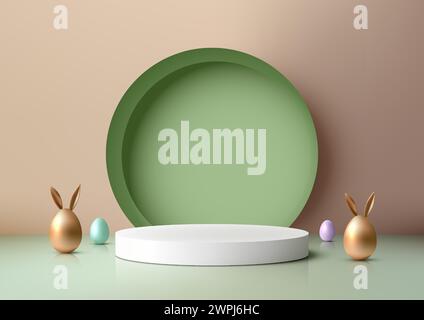 Showcase product festive Easter scene. Featuring a golden Easter egg with bunny ears on a modern white podium, 3D mockup is perfect for marketing and Stock Vector