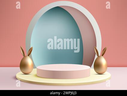 Showcase product festive Easter scene. Featuring a golden Easter egg with bunny ears on a modern white podium, 3D mockup is perfect for marketing and Stock Vector