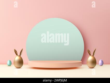 Showcase product festive Easter scene. Featuring a golden Easter egg with bunny ears on a modern podium, 3D mockup is perfect for marketing and sales. Stock Vector