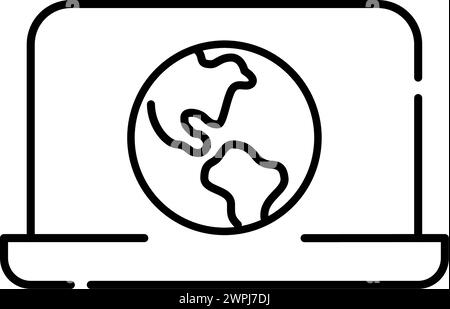 Earth globe on laptop screen. Digital interface for users to explore and access information across the global web. Pixel perfect, editable stroke vect Stock Vector