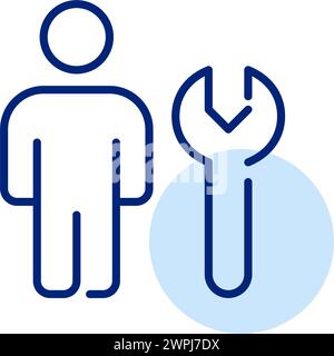Person and wrench. Website maintenance and trouble-shooting. Digital engineering and customization. Pixel perfect, editable stroke vector icon Stock Vector