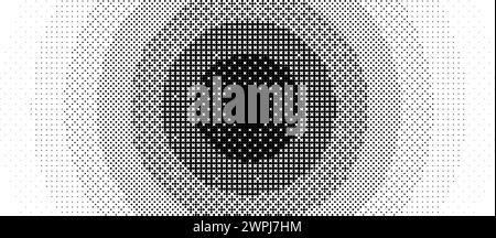 Radial pixelated gradient texture. Black and white dithered round gradation. Retro circle video game background. Halftone 8 bit wallpaper. Vintage circular pixel print. Vector bitmap overlay backdrop Stock Vector