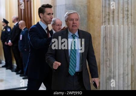 Washington, United States Of America. 07th Mar, 2024. United States Senator Lindsey Graham (Republican of South Carolina) departs Capitol Hill in Washington, DC after attending the State of the Union Address, March 7, 2024. Credit: Chris Kleponis/Pool/Sipa USA Credit: Sipa USA/Alamy Live News Stock Photo