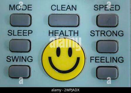 Smiley emoticon between words. Expressive wellness. Remote control. Don't worry be happy. Stock Photo